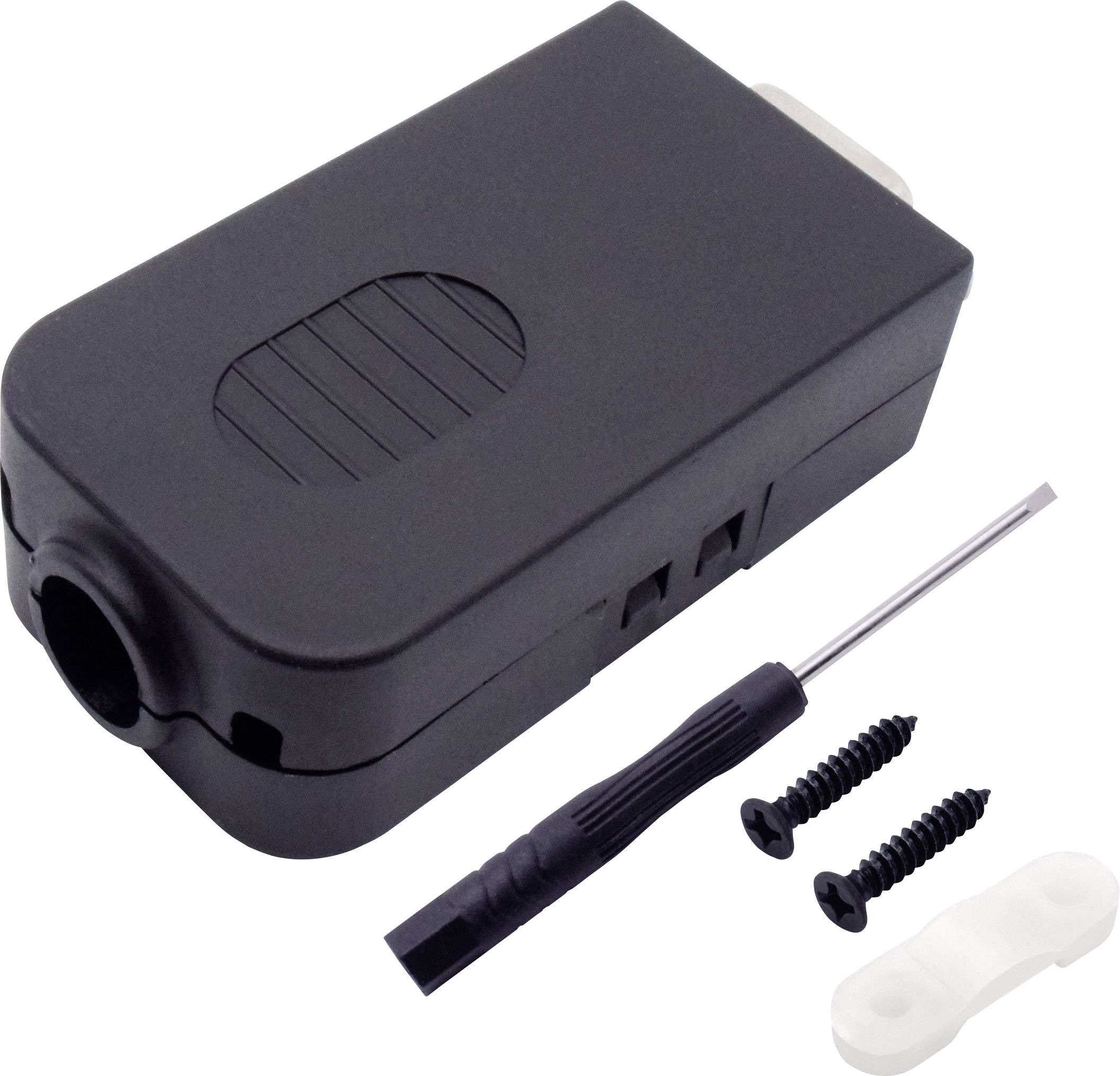 Black electronic device with oval ribbing, next to a small screwdriver, two screws and a white plastic clip.