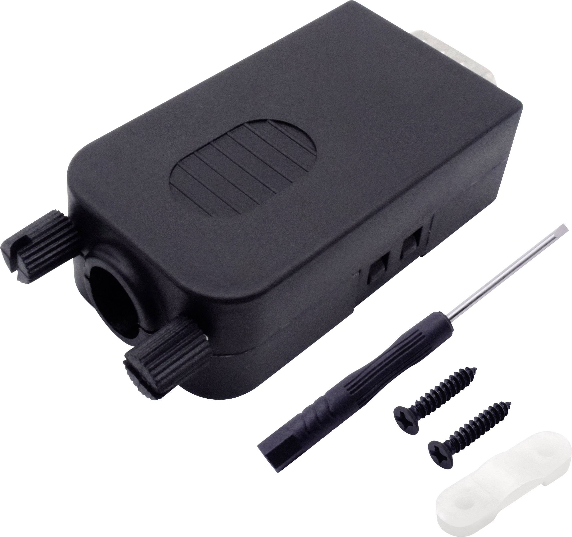 Black D-SUB housing cover with two screws, screwdriver and white cable tie beside the housing. Suitable for cable mounting.