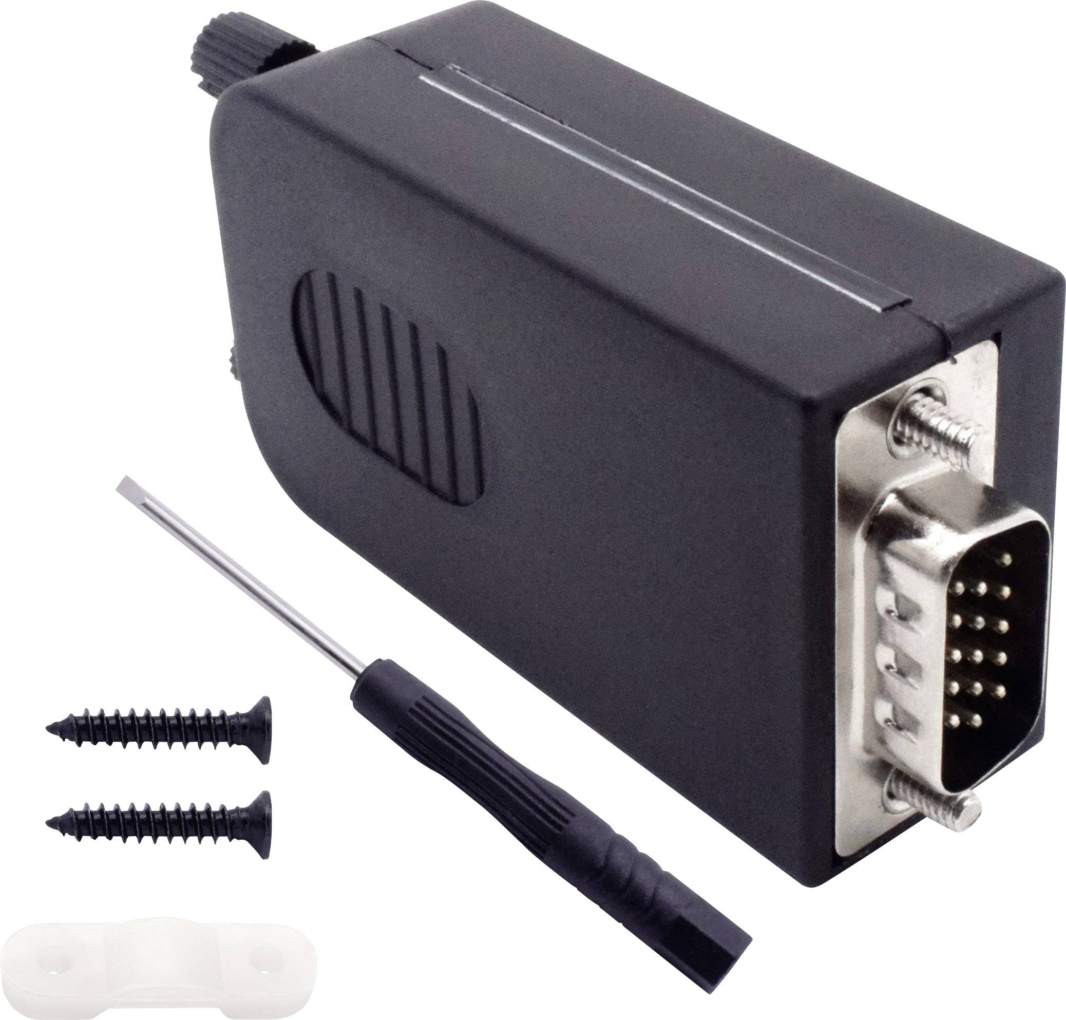 'Black VGA adapter with a screwdriver, two black screws, and a white holder, likely for installation.'