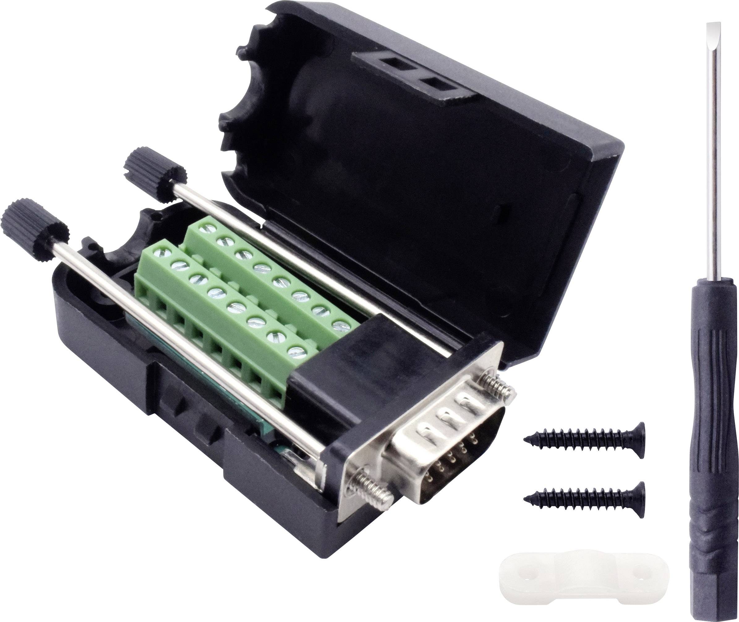 An open black adapter for serial interfaces shows green terminal blocks inside. Beside it lie screwdrivers and screws.