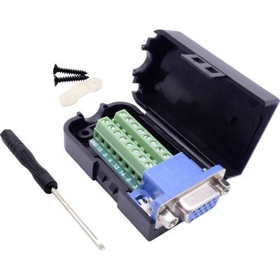 An open VGA plug adapter with terminal screws inside. Beside it lies a screwdriver and two screws.
