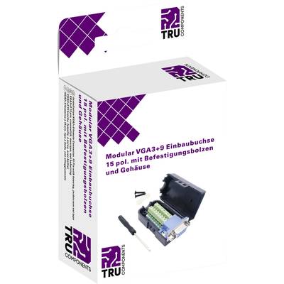 Packaging with printed text 'Modular VGA3+9 Mounting Socket 15-pin with Fixing Bolts and Housing'. Contains Connector and Screwdriver.