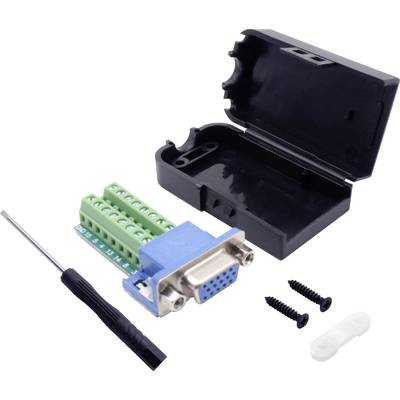D-Sub adapter with open housing, screwdriver, two screws and a cable clamp for electrical installations.