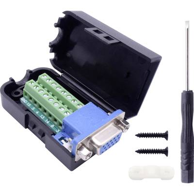 'VGA connection adapter' opened, showing the green connection terminals. Beside it, a screwdriver, two black screws and a plastic component.