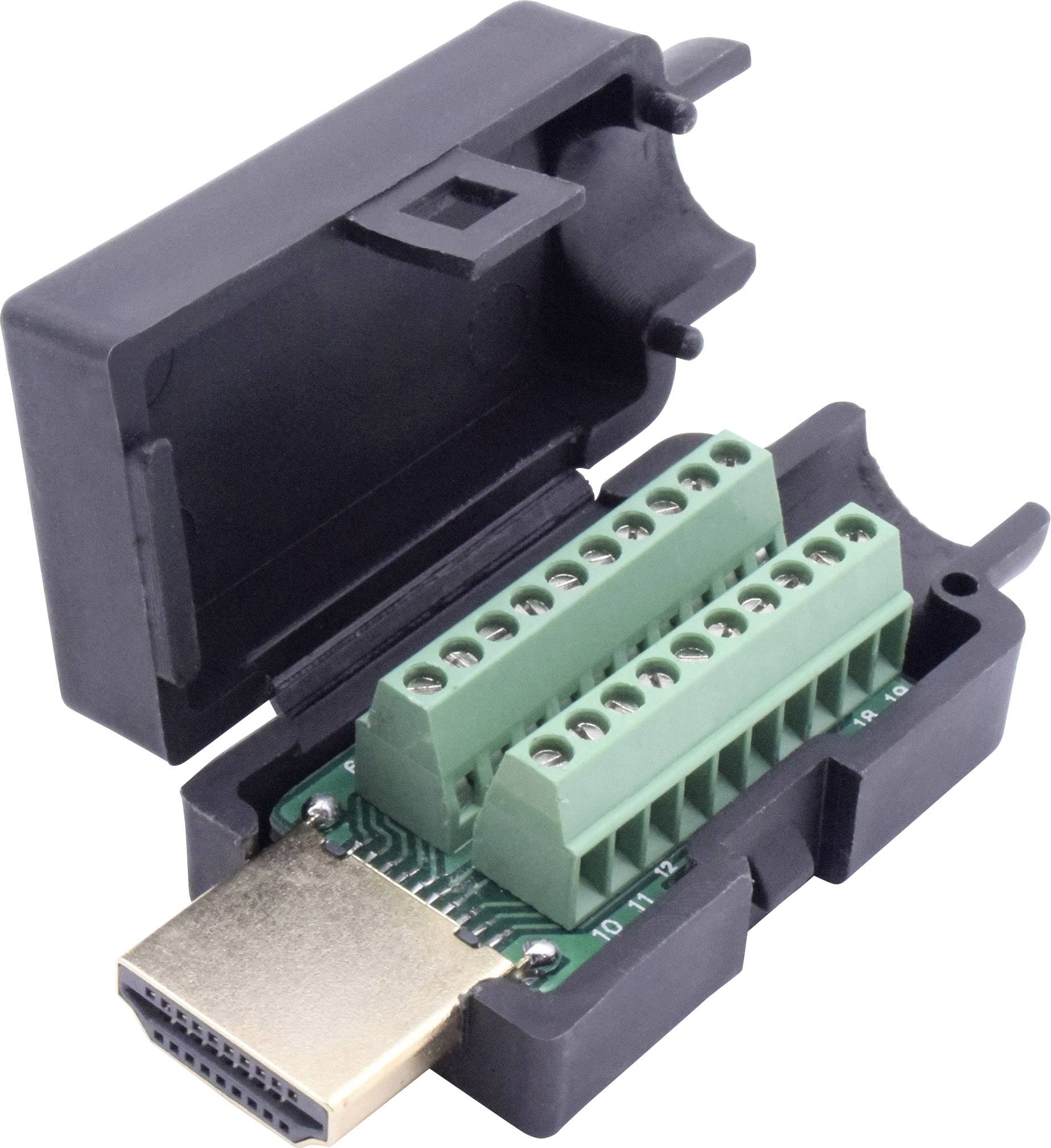 An open HDMI plug adapter shows several green screw terminals for cable attachment.