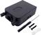 'High-performance aquarium air compressor in black with accessories: screws, screwdriver and mounting bracket for easy installation.'