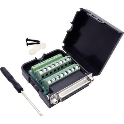 Pictured is an open black adapter with green terminals, a screwdriver, and two screws, on a white background.