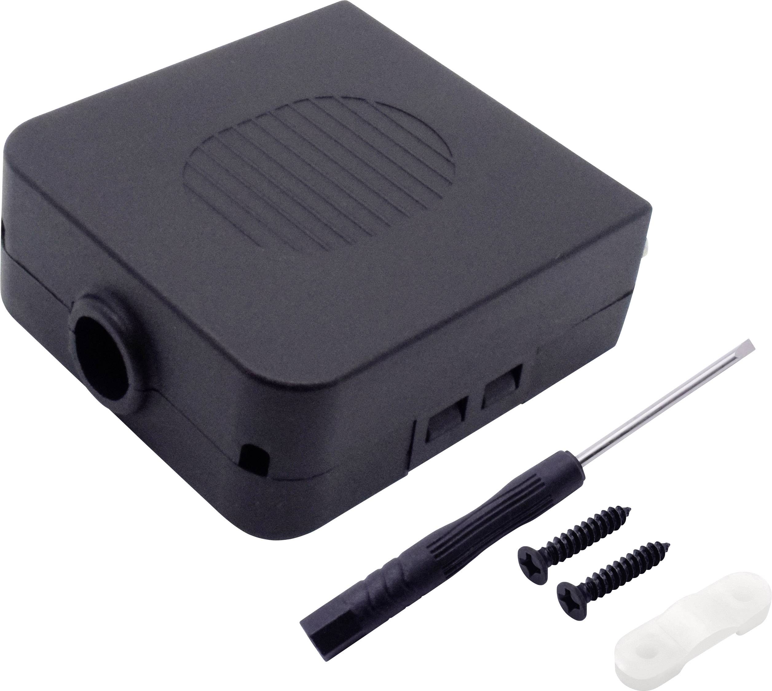 Black plastic casing with a ribbed lid, black screwdriver, two black screws, and a white mounting bracket.
