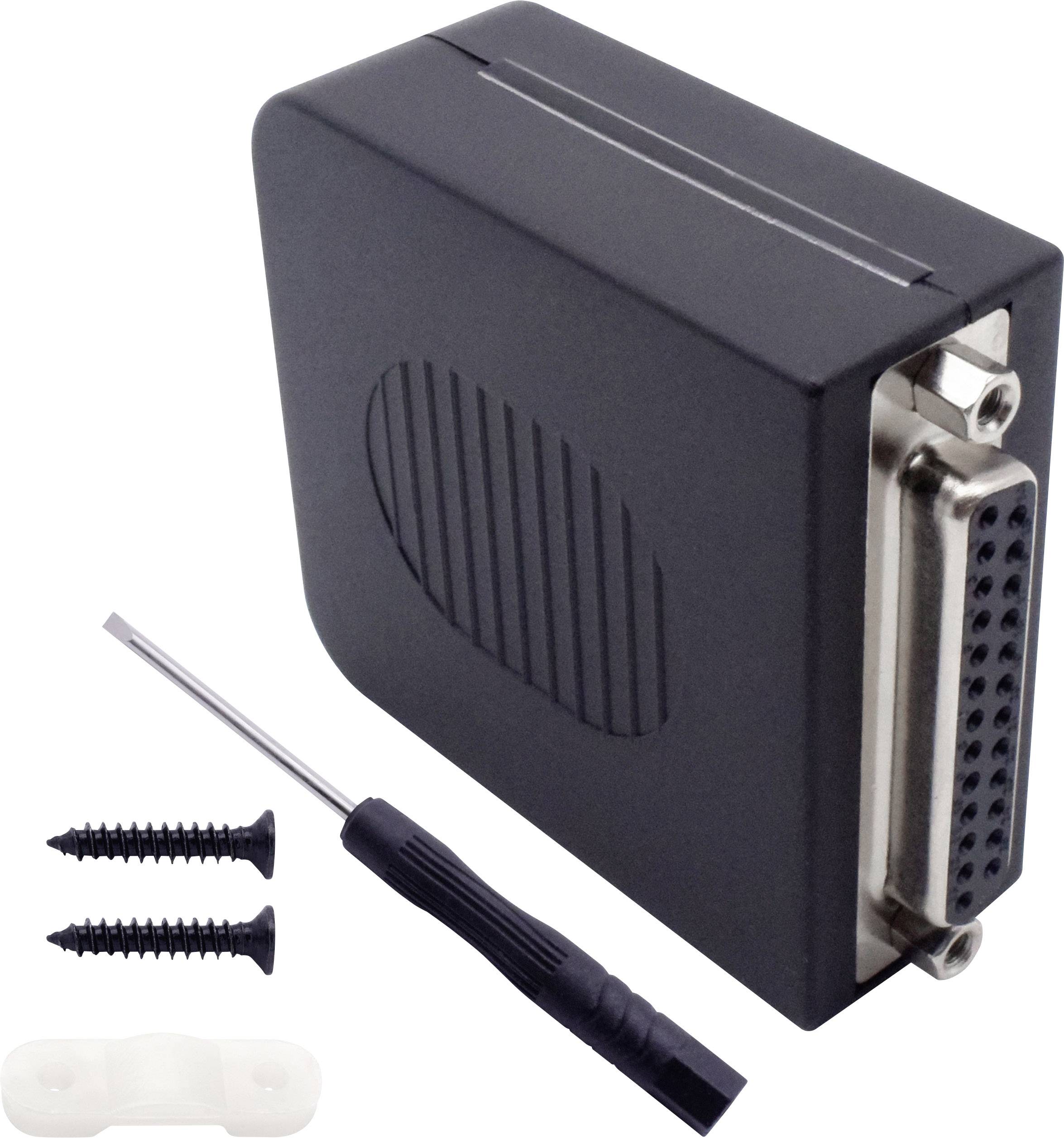 A black port adapter with a metal connector, alongside a screwdriver and two screws with wall plugs for mounting.