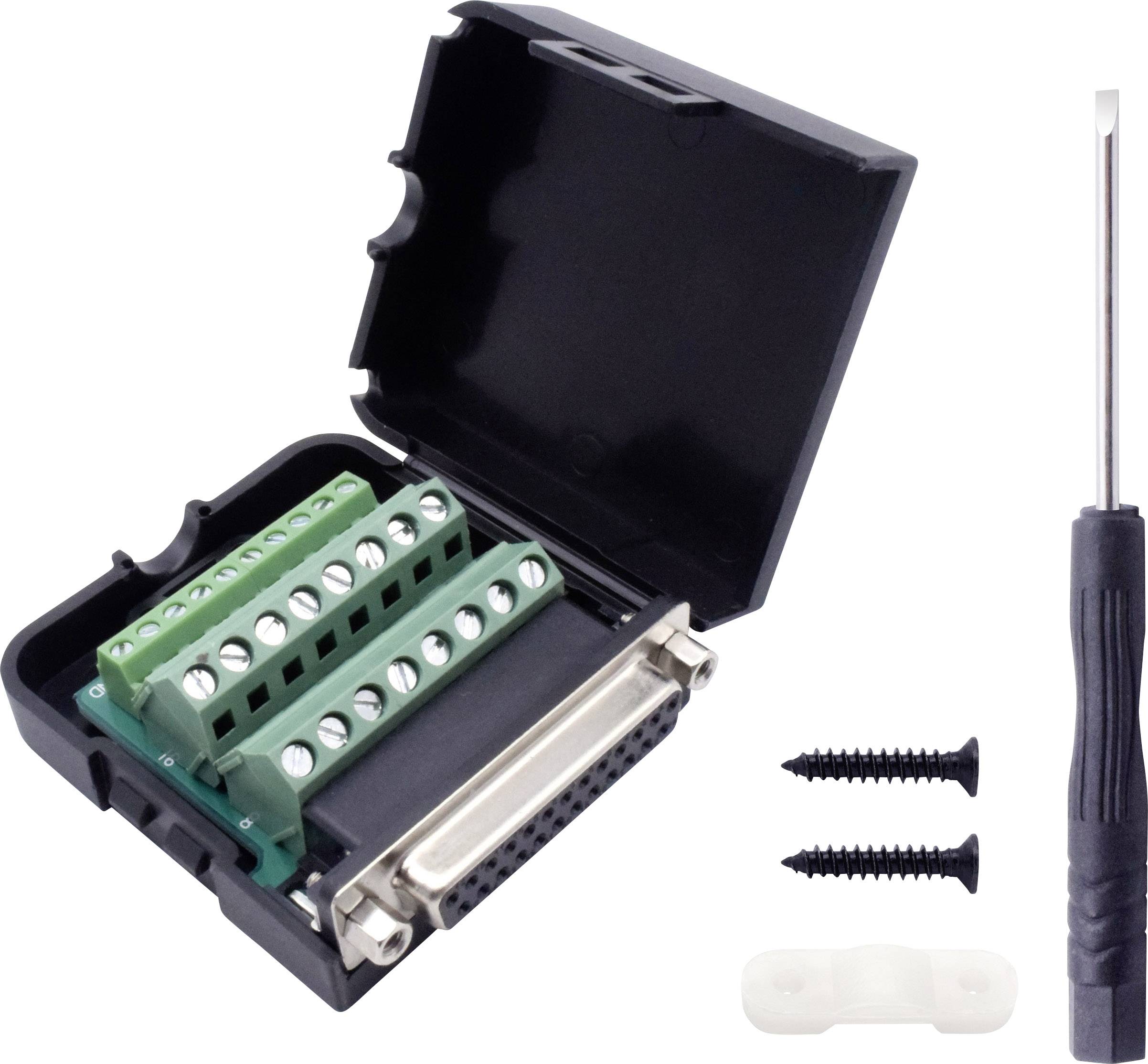 A black adapter with a green plug socket, opened. Next to it lie two screws and a screwdriver.