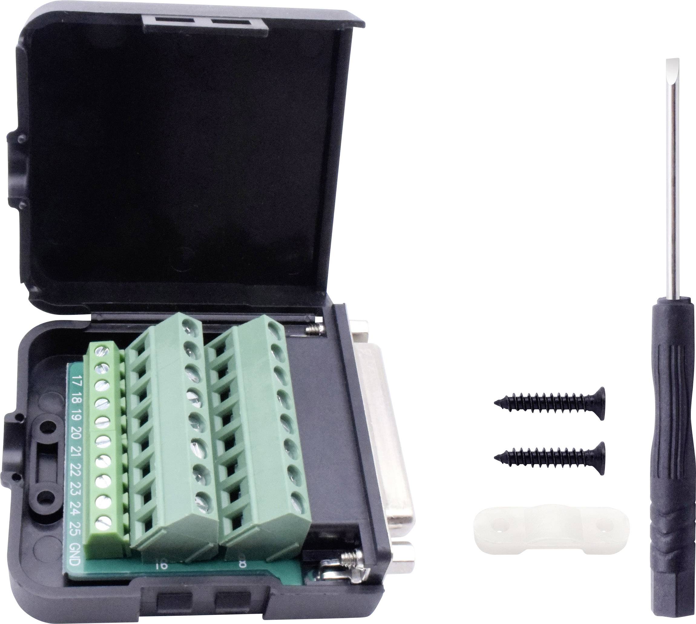 An open black connection housing with green terminal blocks, two screws, a plastic mounting bracket, and a screwdriver.