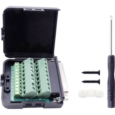 'Image of an opened electrical junction box with green connection terminals, two black screws, and a screwdriver.'