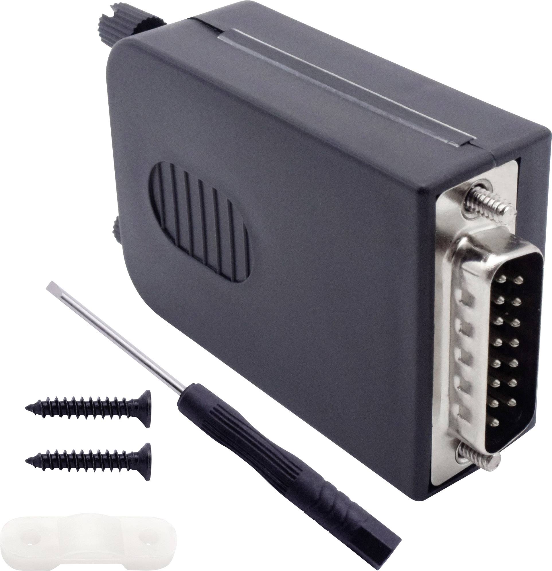 Black adapter with D-Sub plug, screws, screwdriver and cable clip. Protruding rail on top.