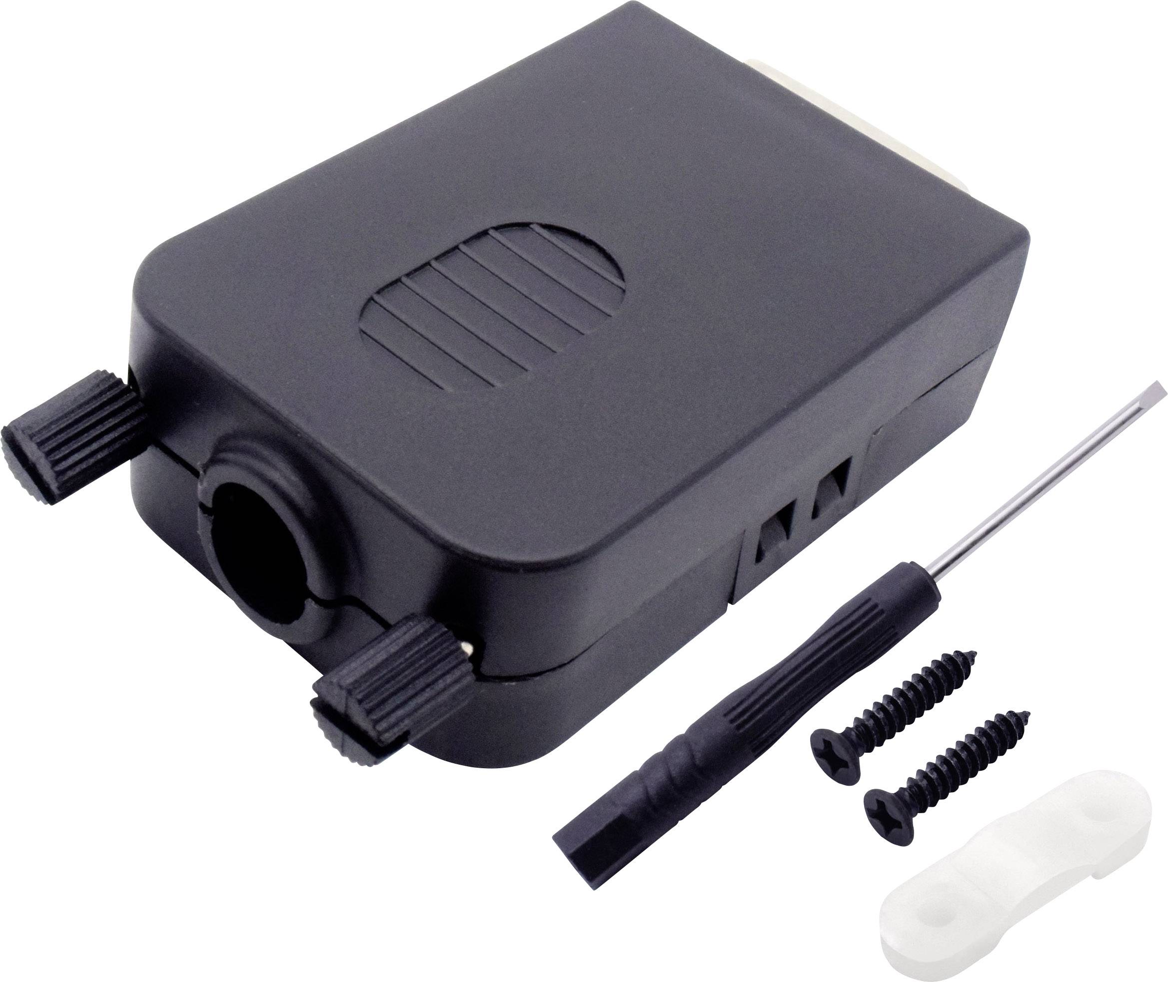 A black enclosure frame for an electronic device, with two mounting screws and a small screwdriver.