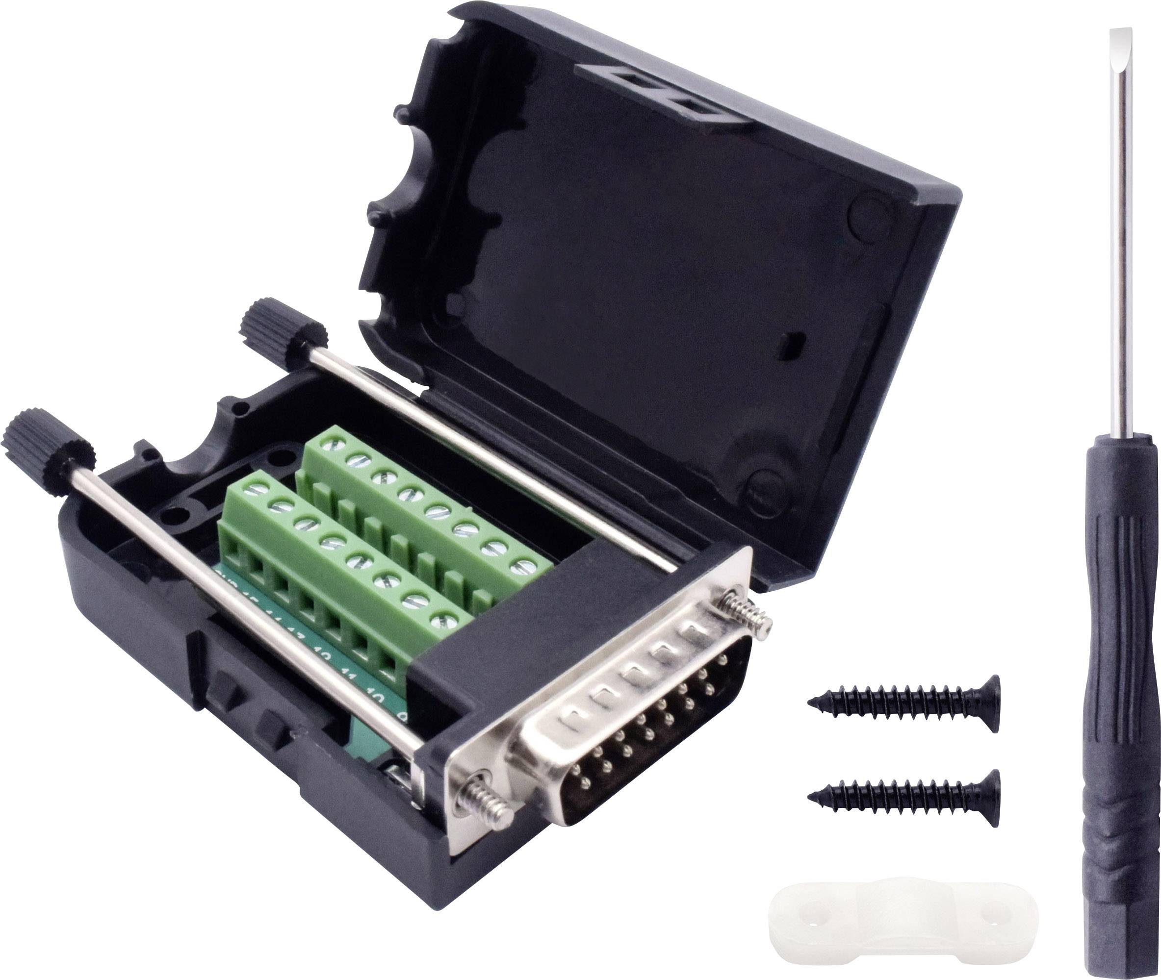 Open black connection box with green push-in terminals, two screws, a white retaining element, and a screwdriver.