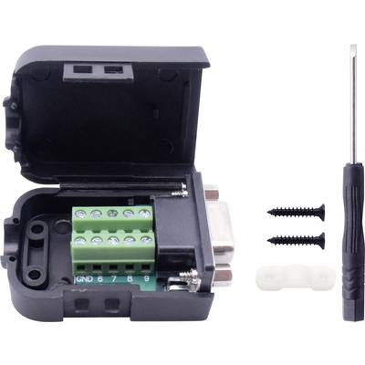 An open black adapter with a green terminal block and metallic connections. Beside it lies a screwdriver and two screws.