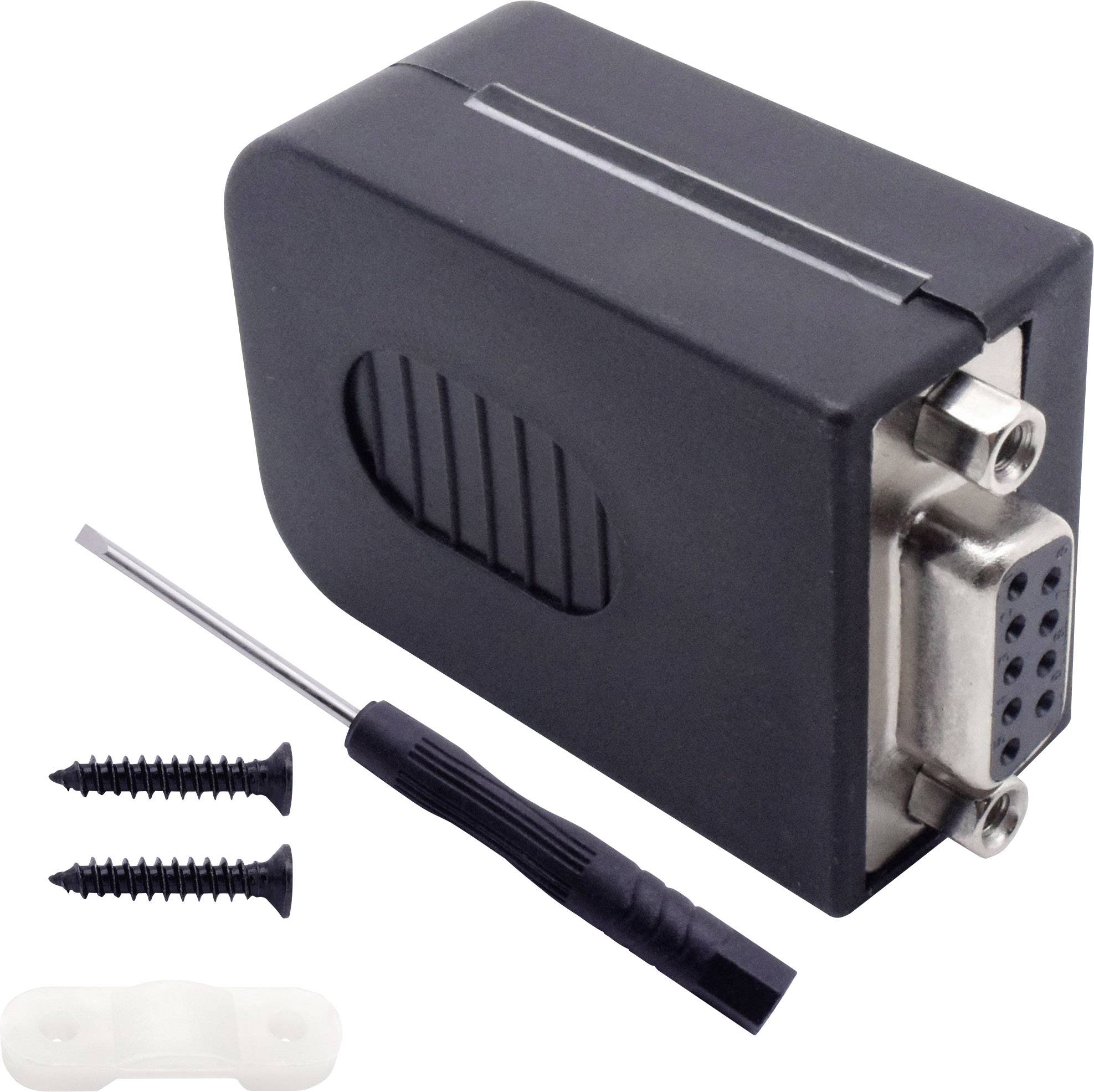 Black VGA socket module for wall mounting, alongside screwdriver, screws and mounting clip.