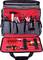 Tool bag with compartments for hammer, spanners, pliers, and screwdrivers, well-organised on a red inner lining.