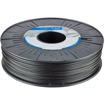Black 3D printer filament spool with BASF logo on the label; side view shows wound filaments.