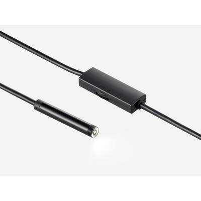 Small, black, cylindrical LED light with attached cable and switch, positioned on a light background, emitting light forward.