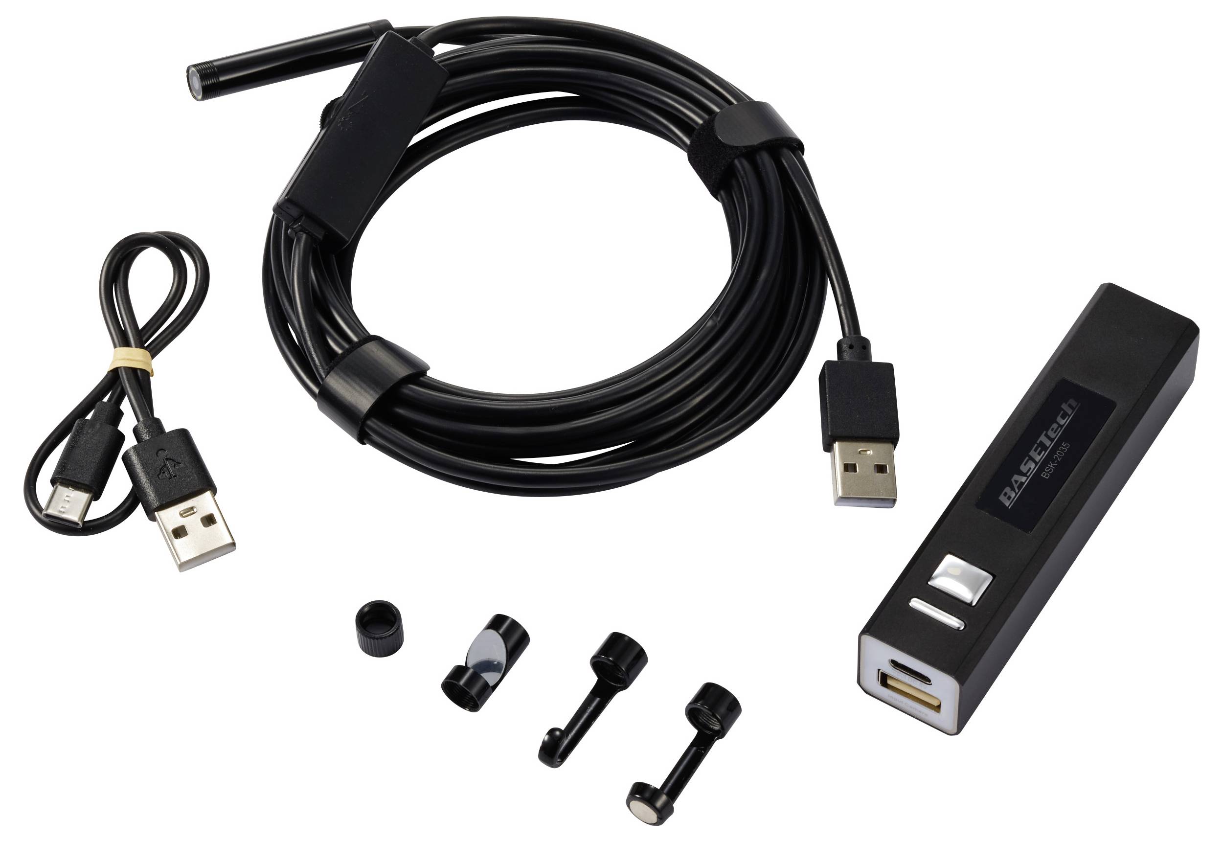 A USB endoscope set with a long cable, various attachments, a USB stick, and a small charging cable.