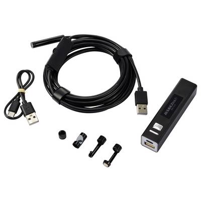 A USB endoscope set with a long cable, various attachments, a USB stick, and a small charging cable.