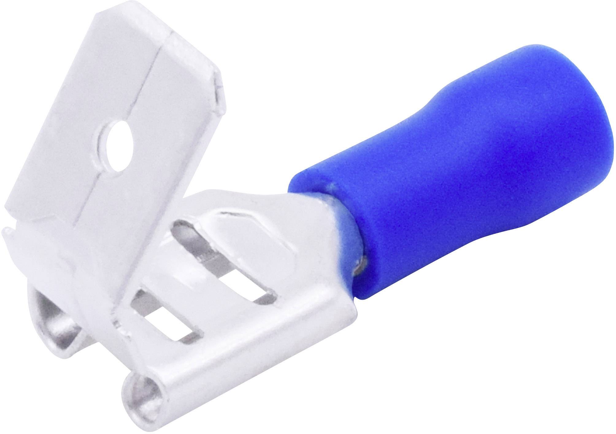 A blue cable lug with a metal tag. Used for secure fastening and electrical connection of cables.