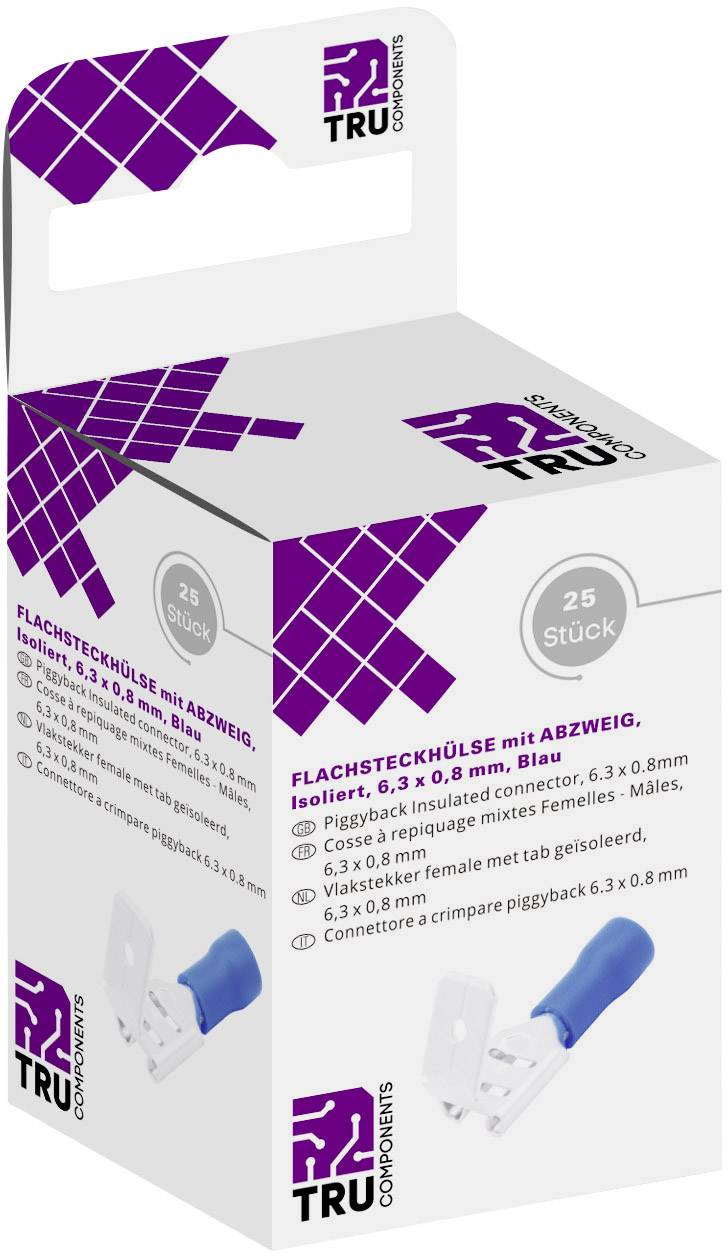 Box labelled 'Flat push-on terminal with branch, insulated, 6.3 x 0.8 mm, Blue, 25 pieces'. Image of a blue connector visible.