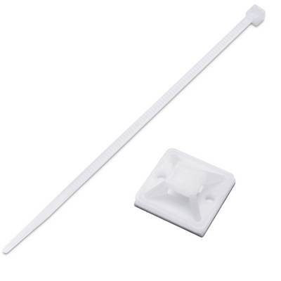 A white cable tie and a matching mounting base on a white background. They are used for neat cable organisation.