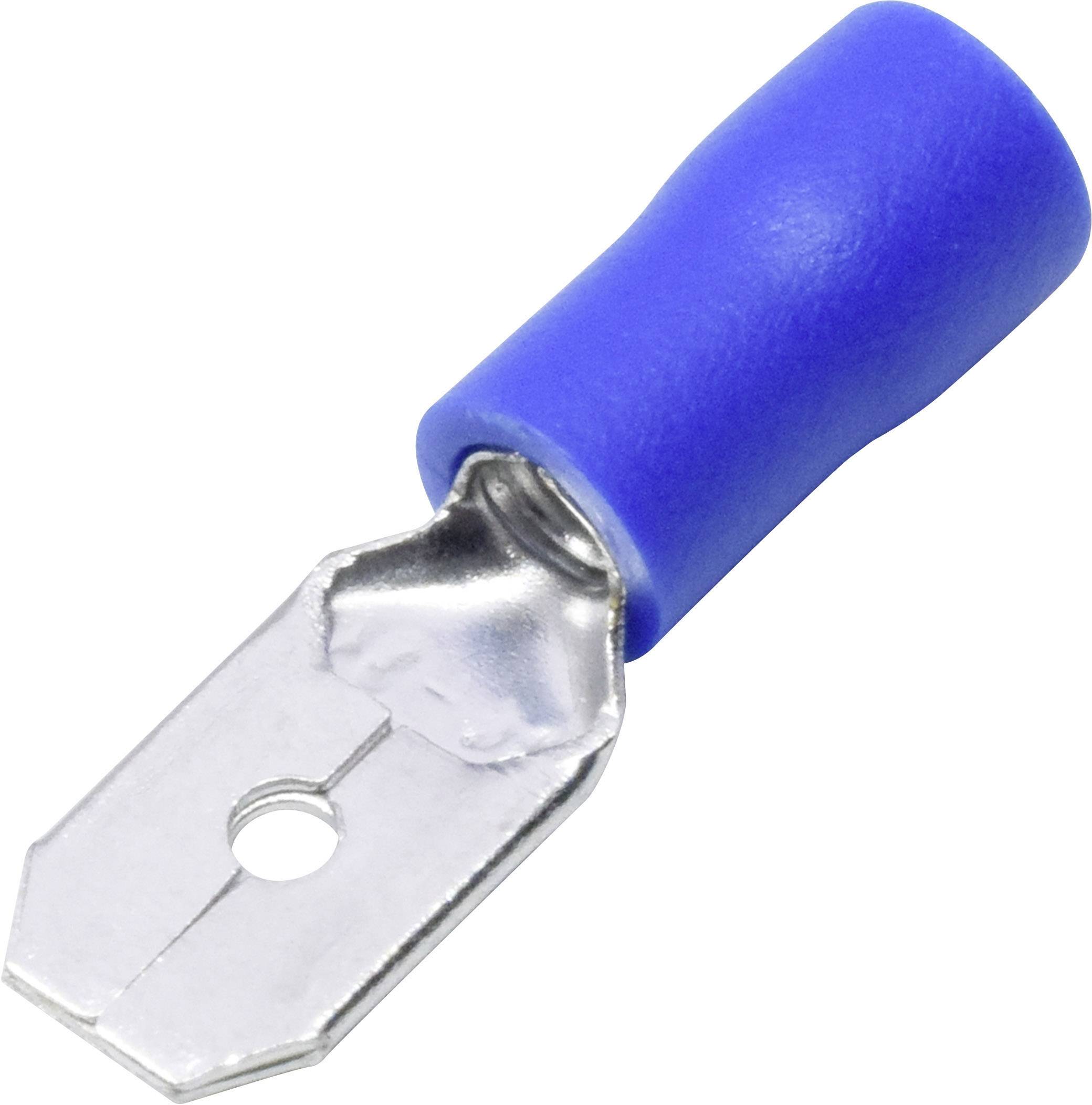 A blue flat plug with a metal plate. It is used in electrical installation to connect cables.