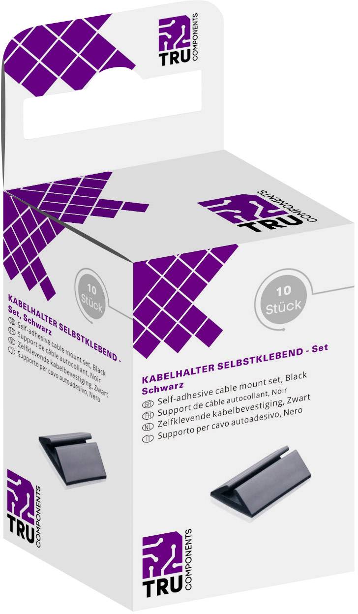 'Packaging for TRU Components self-adhesive cable ties, pack of 10, black, with product image on the front.'