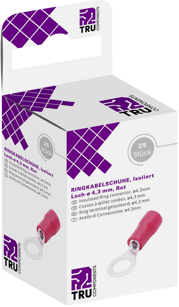 Packaging containing isolated red ring cable lugs, hole diameter 4.3 mm, pack of 25, brand TRU Components.
