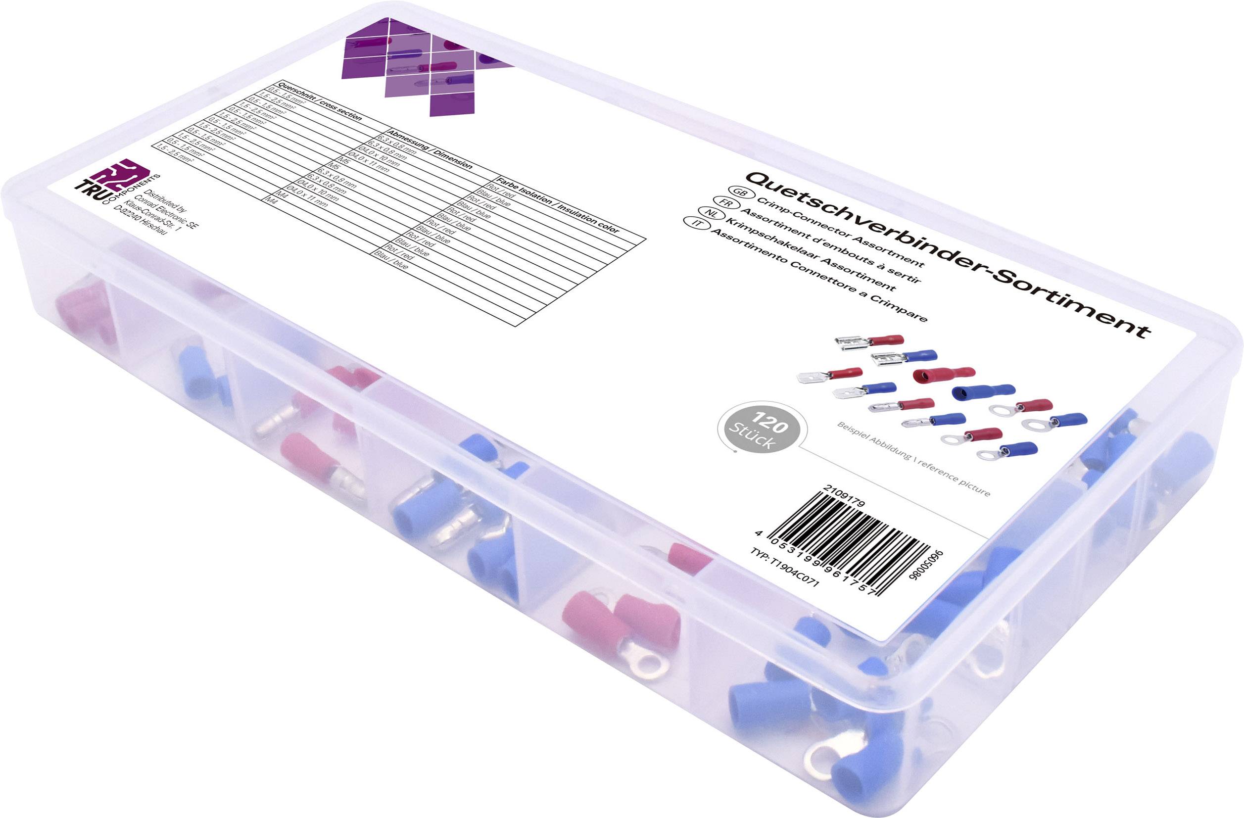 Plastic box with crimp connectors in Blue, Red and White. Label shows a table and the inscription 'Crimp Connector Assortment, 120 Pieces'.
