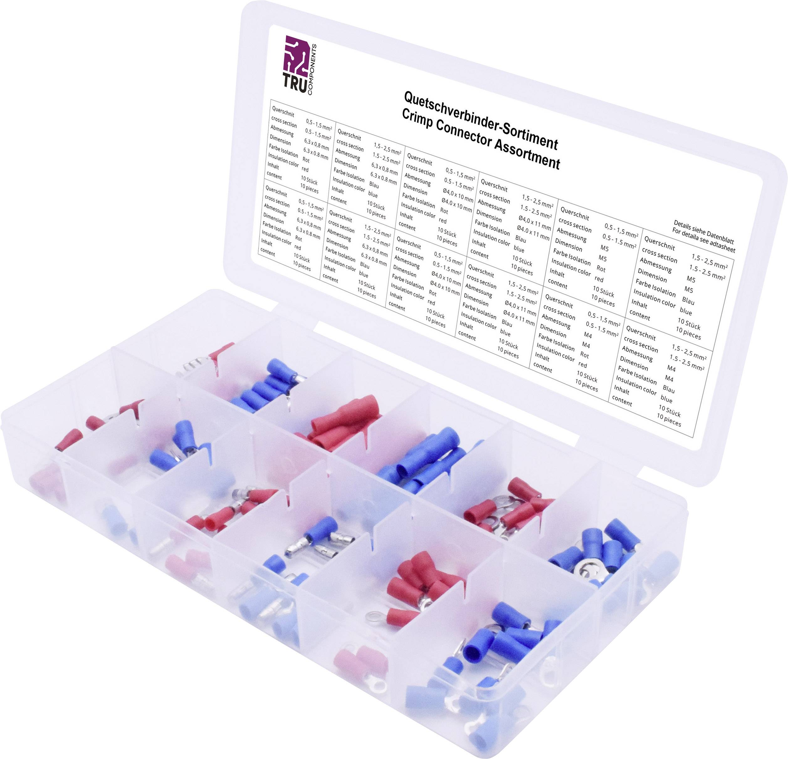 Plastic box with various crimp connectors. The box contains multiple compartments with red, blue, and yellow connectors.
