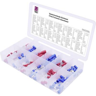 Plastic box with various crimp connectors. The box contains multiple compartments with red, blue, and yellow connectors.