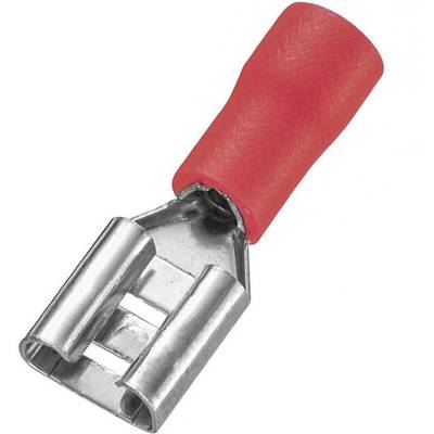 Red metal insulated cable lug with a U-shaped terminal, suitable for electrical connections.