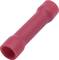 Red isolated cable connector, cylindrical in shape, for electrical wire connections in industrial applications.
