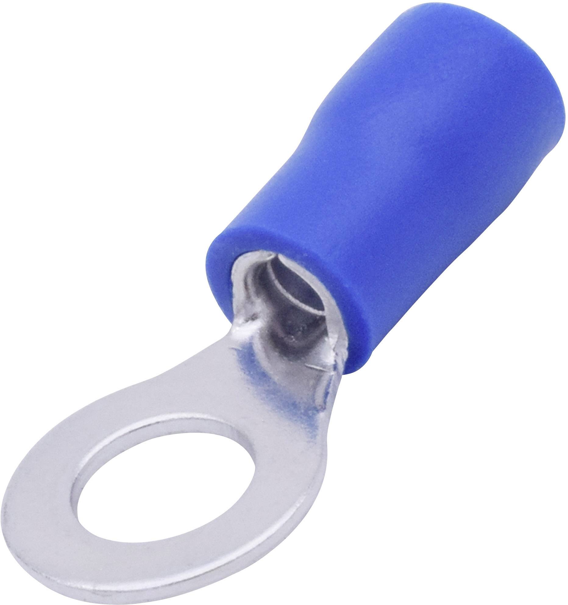 Electrical cable lug with a blue insulator and silver metal loop for cable connections.
