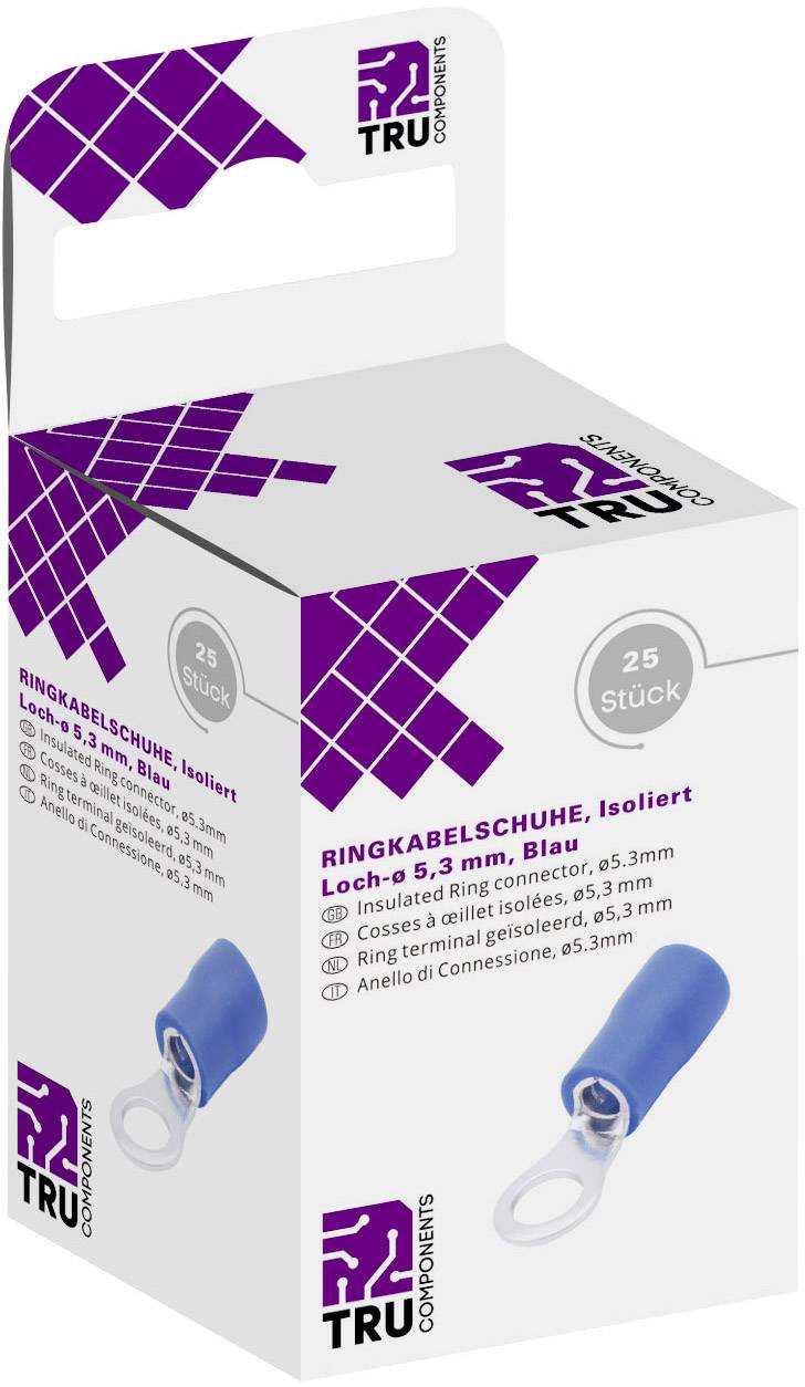 Packaging of insulated ring cable lugs, hole Ø 5.3 mm, blue, pack of 25. Product image and brand logo on the front.