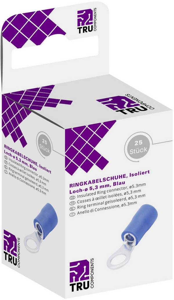 TRU COMPONENTS T1904C062 Ring terminal  Cross section (max.)=2.50 mm² Hole Ø=5.30 mm Partially insulated Blue 25 pc(s)