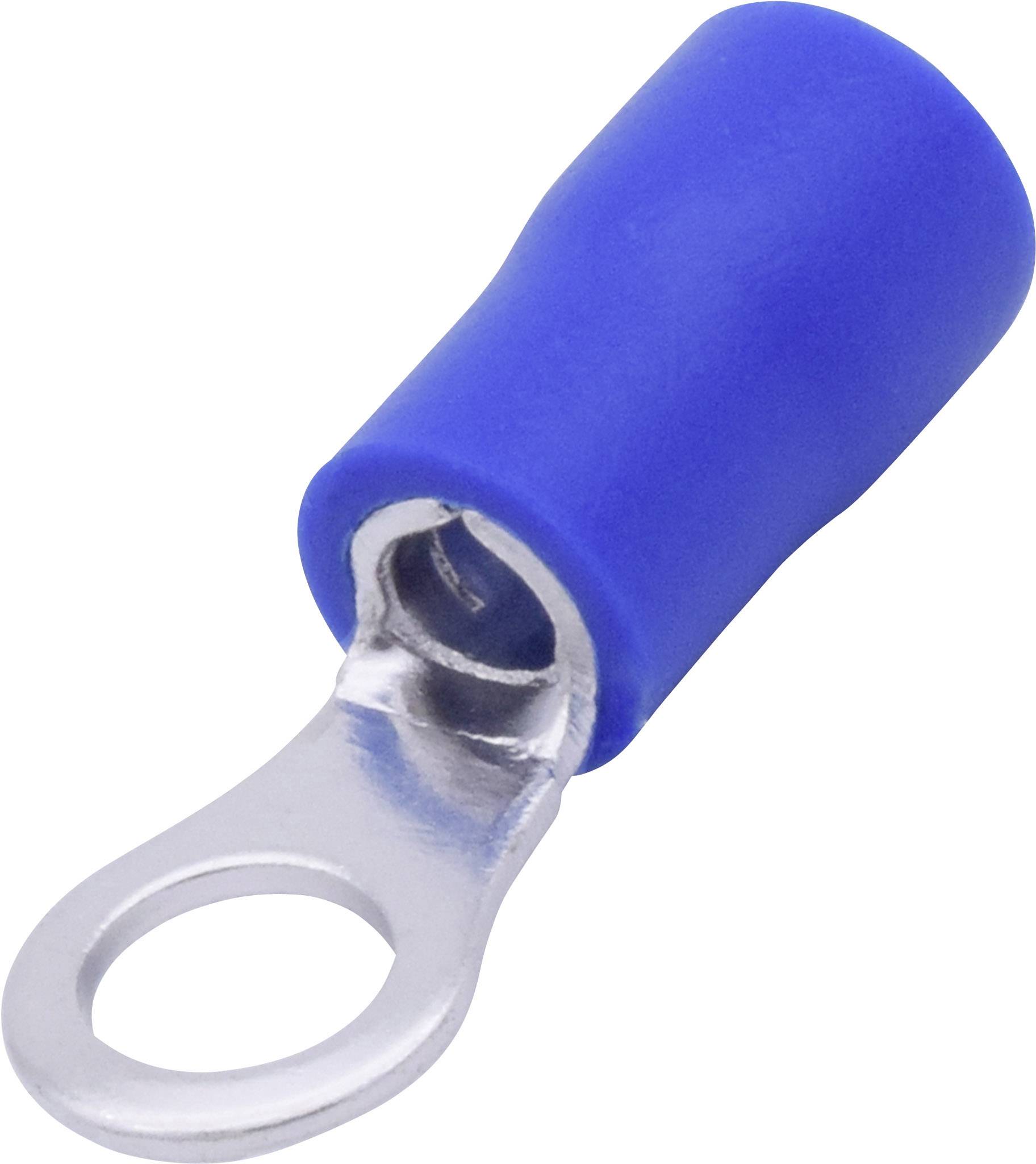 A blue-insulated cable lug with a metal eyelet for electrical connections.