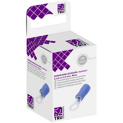 Packaging of insulated ring cable lugs, hole Ø 4.3 mm, pack of 25 from TRU Components. Includes product image and manufacturer's logo.
