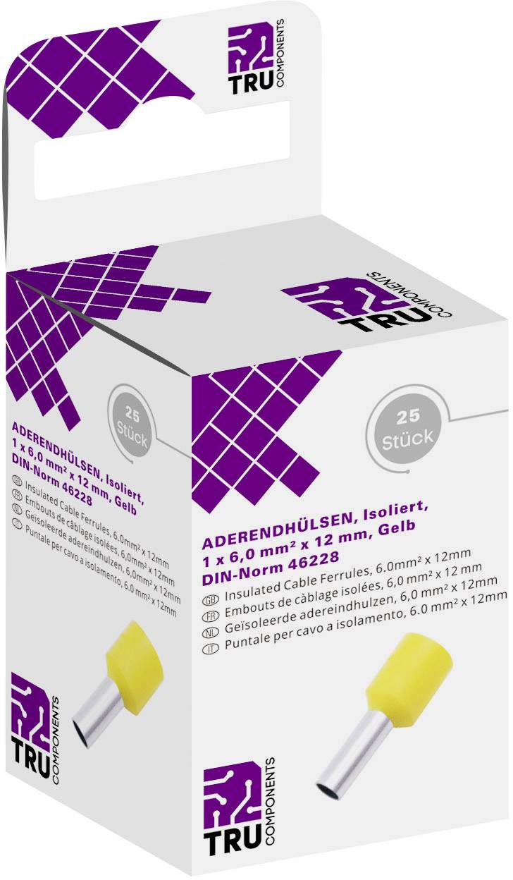 'TRU Components' Bootlace Ferrules with yellow insulation, 6.0mm² x 12mm, according to DIN standard 46228, pack of 25 pieces, product packaging.