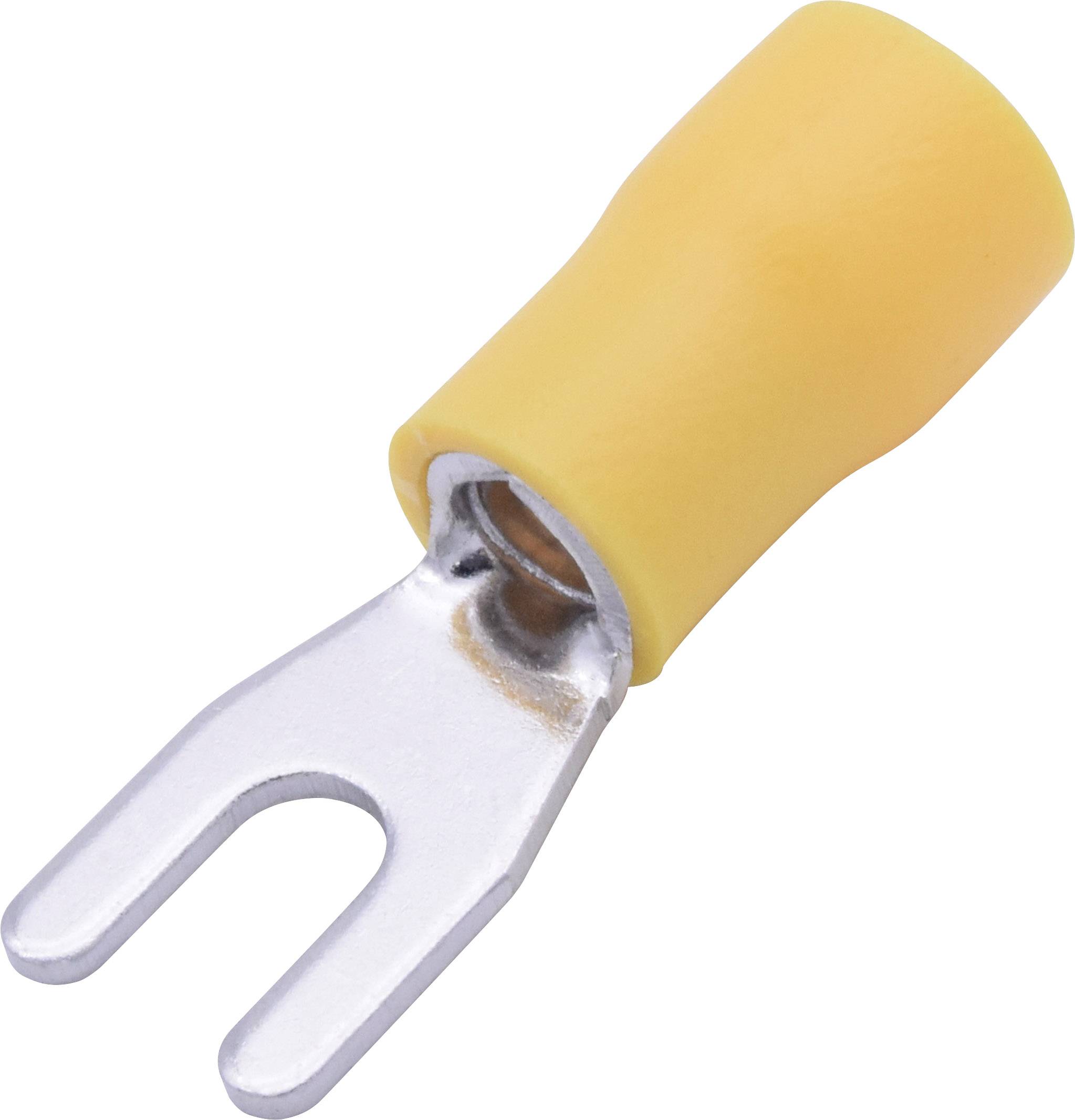 Yellow cable lug with fork connector. Silver metal part is fork-shaped, yellow insulating body protects the wire.