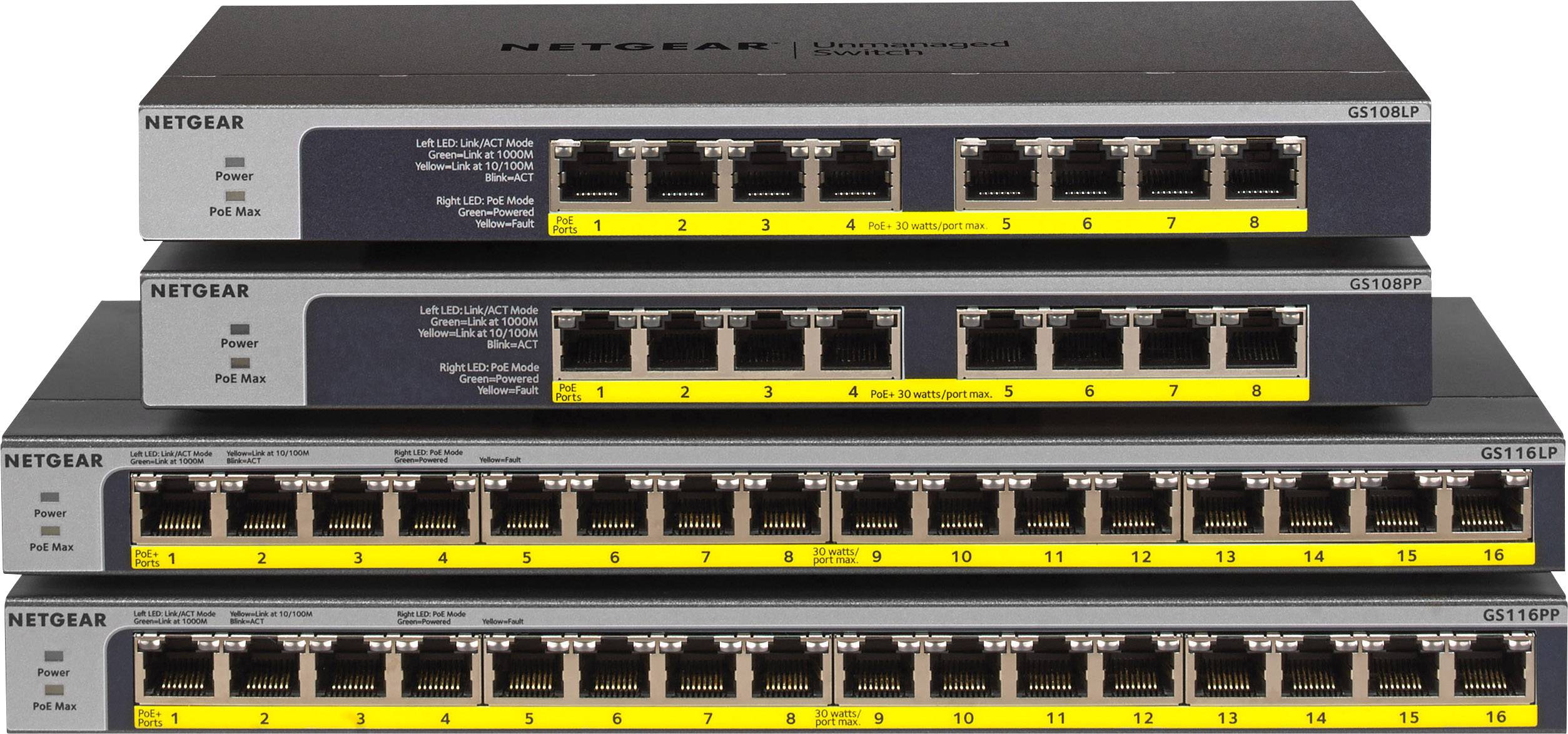 Several Netgear network switches with numerous Ethernet ports, stacked on top of each other. Labels show port numbers and status indicators.