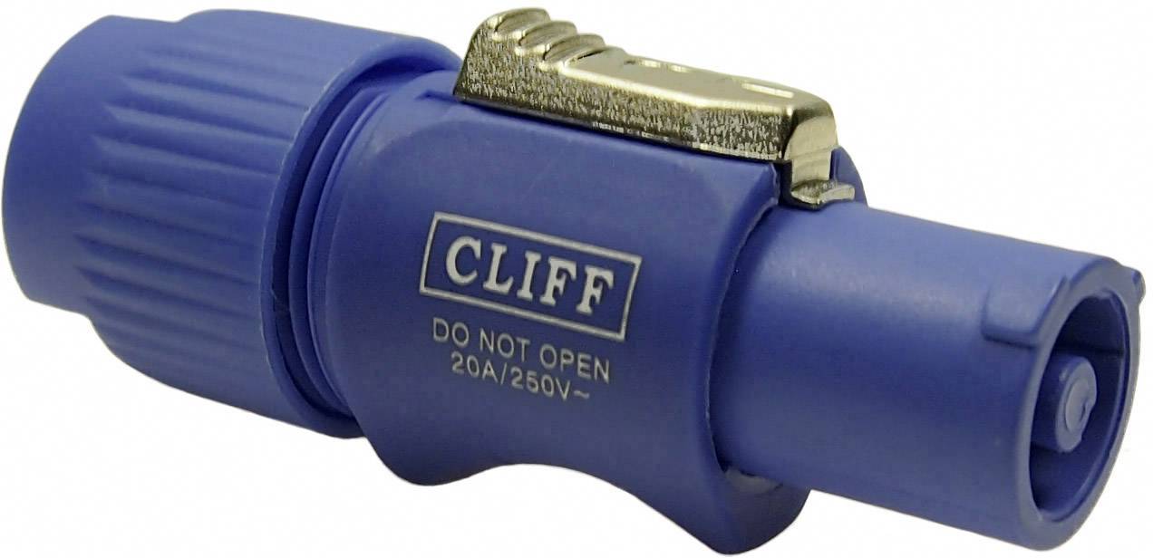 Blue cable plug with metal clip, brand name 'Cliff', marked with 'DO NOT OPEN 20A/250V', used for electrical connection.