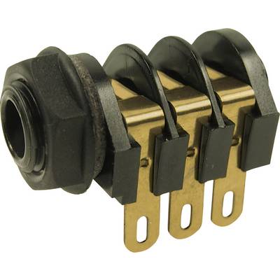 Three-pole jack socket with metal contacts in a plastic housing, used in electronic audio devices for sound transmission.