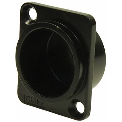 A black plastic bush, suitable for mounting in a plate with two screw holes at the corners.