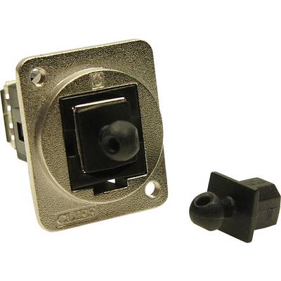 Metal mounting bracket with a black, square button and removable cover beside it.