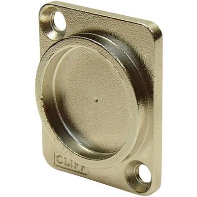 Metal plate with two holes at the upper corners and a recessed round centre, suitable for fixings or covers.